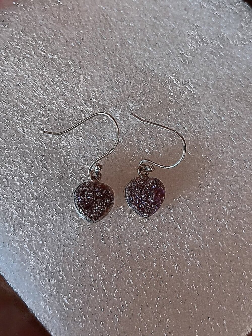 New - Sparkling Titanium Druzy Heart Cut 925 Sterling Silver Earrings
